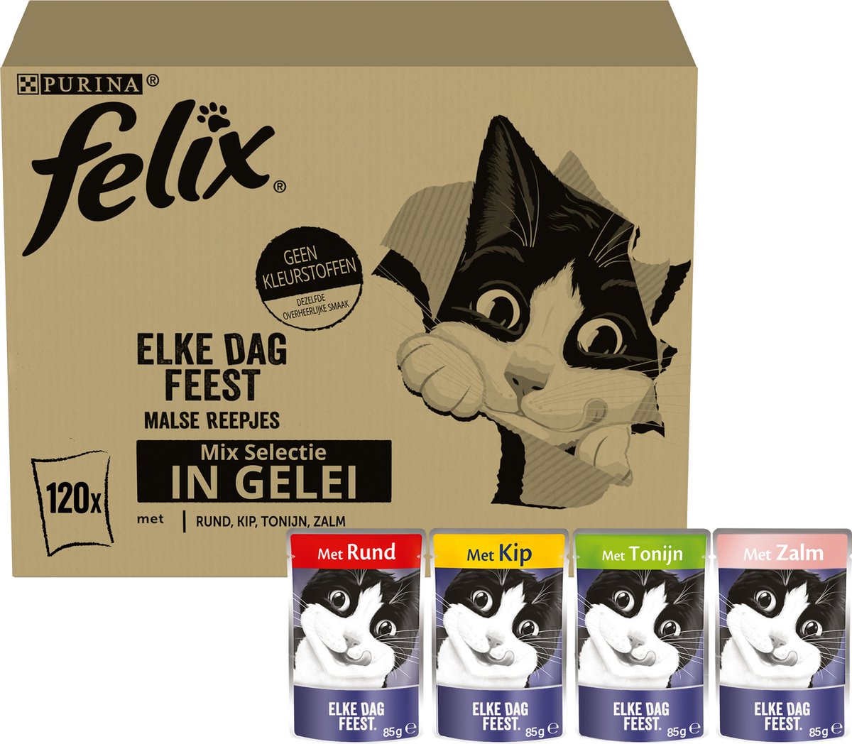 Felix Elke Dag Feest Mix selectie in Gelei - Kattenvoer Natvoer - Zalm Tonijn Rund & Kip - 120 x 85 g
