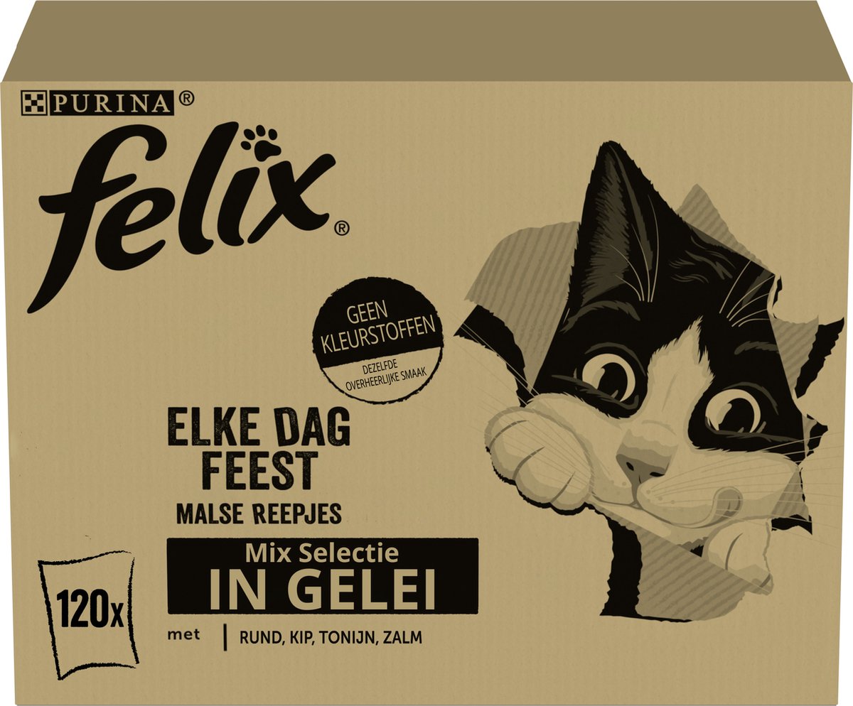 Felix Elke Dag Feest Mix selectie in Gelei - Kattenvoer Natvoer - Zalm Tonijn Rund & Kip - 120 x 85 g