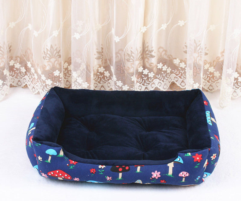 Cozy teddy cat litter bed with colorful mushroom design, perfect for small pets. Soft and durable PP cotton material.