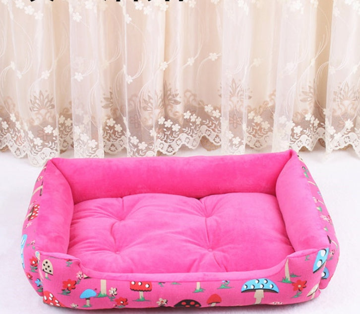 Vibrant pink Teddy cat litter bed with adorable mushroom designs, perfect for providing comfort to pets.