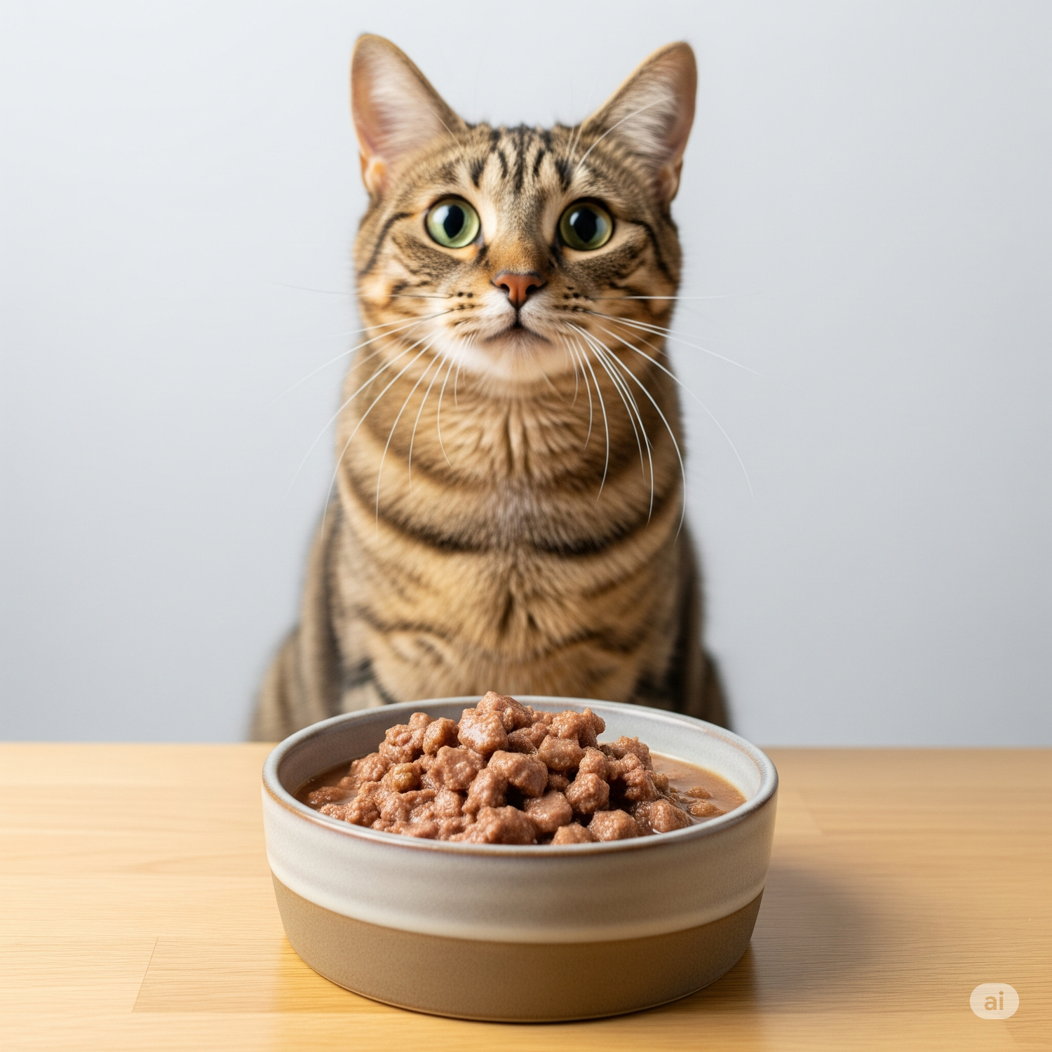 A healthy cat eagerly awaits its bowl of premium wet cat food, showcasing a nutritious meal option for feline friends.
