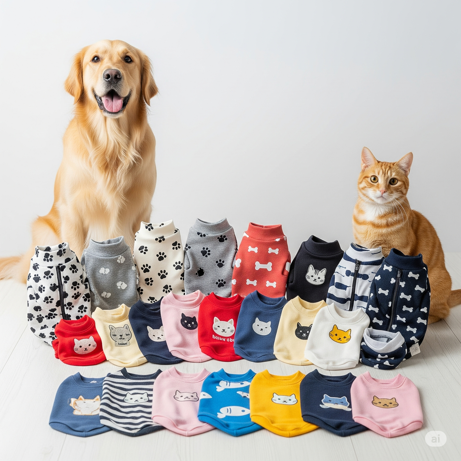 Collection of colorful pet clothing for dogs and cats featuring playful designs, displayed with a golden retriever and a cat.
