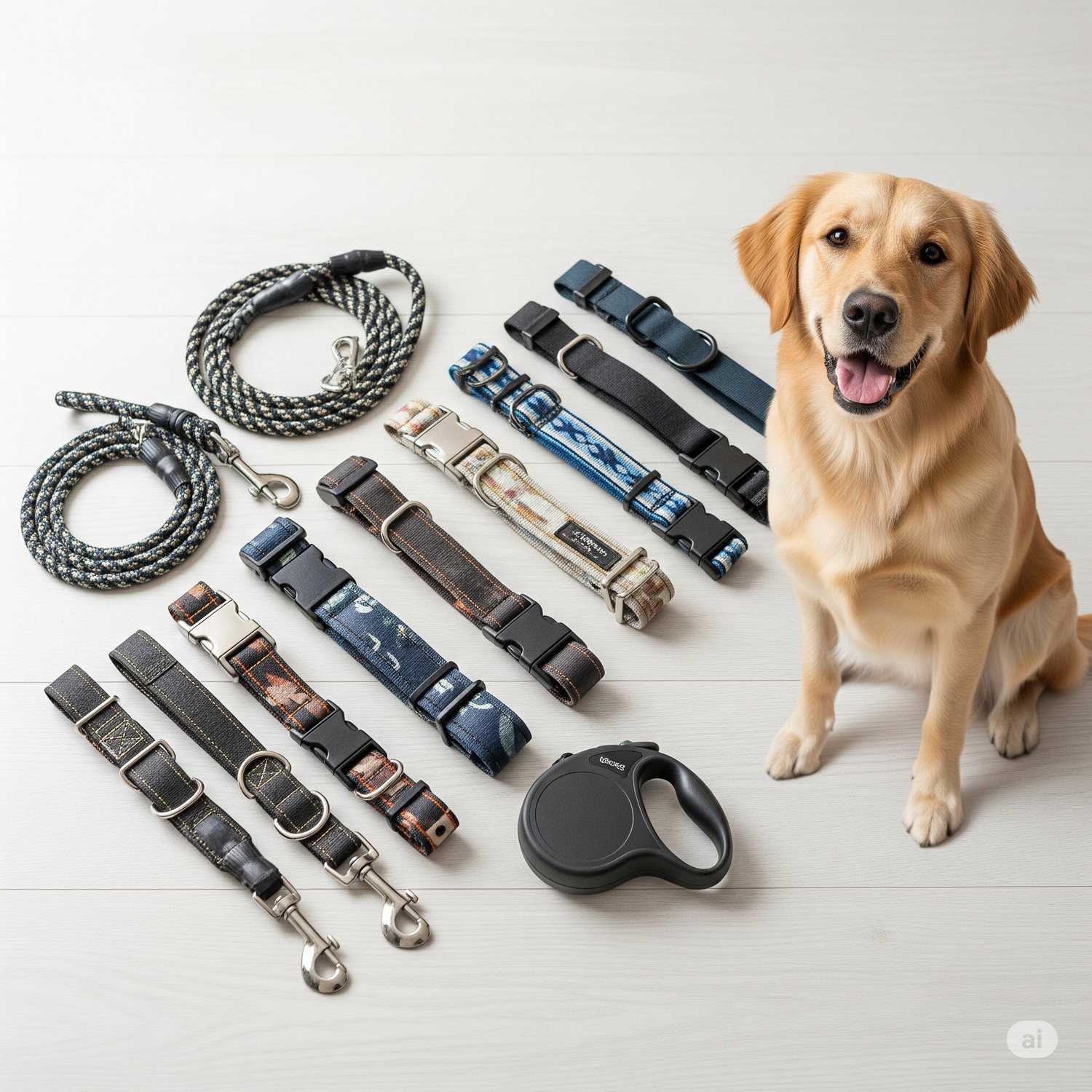 Golden retriever beside an assortment of dog collars and leashes on a light wooden floor.
