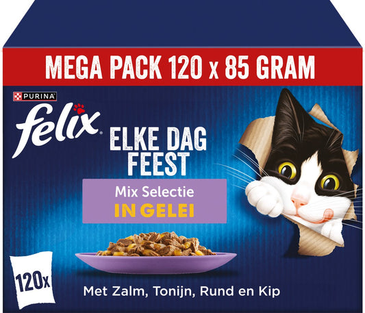 Felix Elke Dag Feest Mix selectie in Gelei - Kattenvoer Natvoer - Zalm Tonijn Rund & Kip - 120 x 85 g