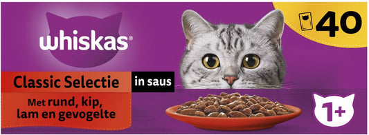 Whiskas Kattenvoer - Adult 1+ - Classic Selectie in Saus - 40x85g verpakking met kat en voedsel.