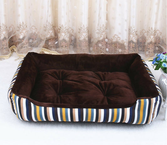 Cozy teddy cat litter bed in brown with striped sides, perfect for cats and dogs to relax and sleep.