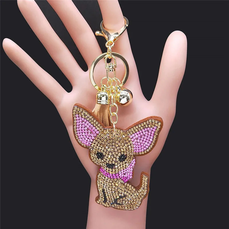 Crystal Chihuahua Dog Keychain - Gold Bag Charm for Women