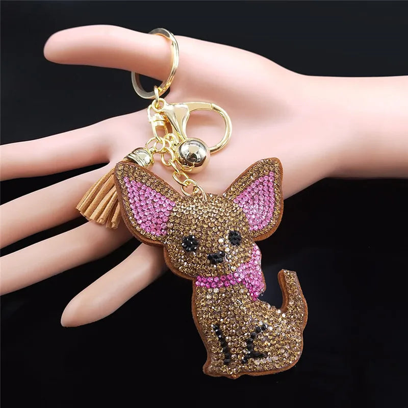 Crystal Chihuahua Dog Keychain - Gold Bag Charm for Women